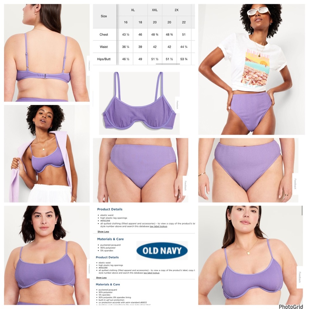 Old navy xl bottoms and xxl top purple texture bikini NWT